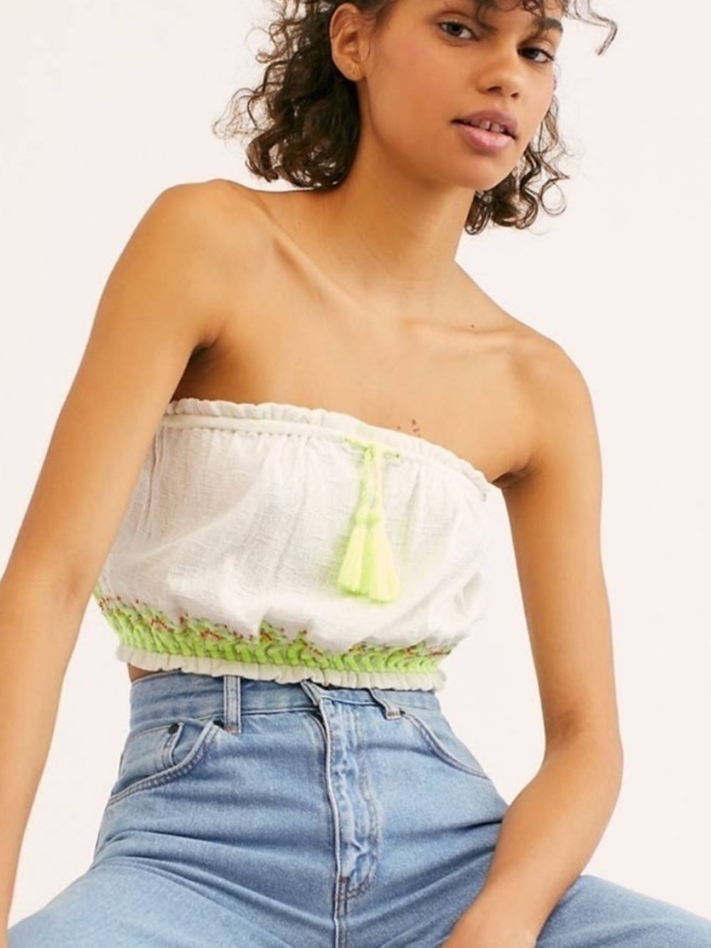 Free People "No More Tiers" Ivory Neon Green Crop Retro Tube Top Boho 80’s